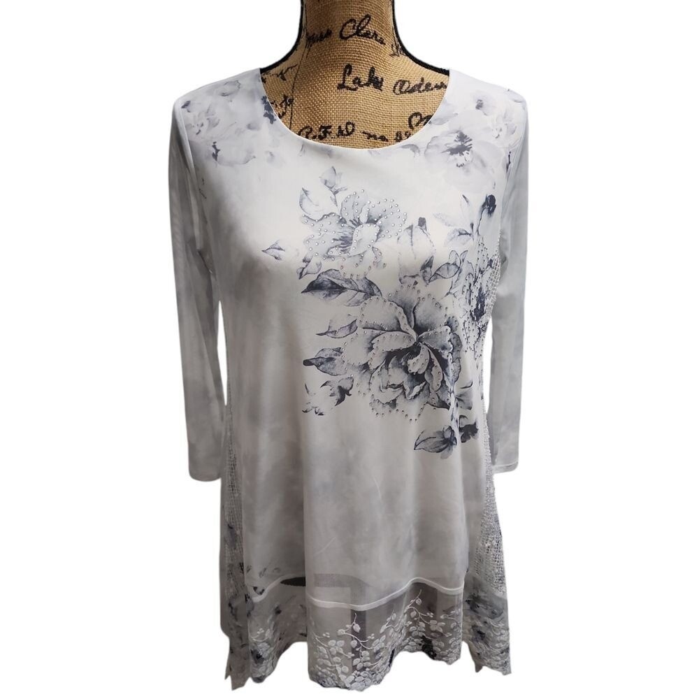 Song n Spirit Elegant Floral Print Long Sleeve Blouse White Gray Casual Top
